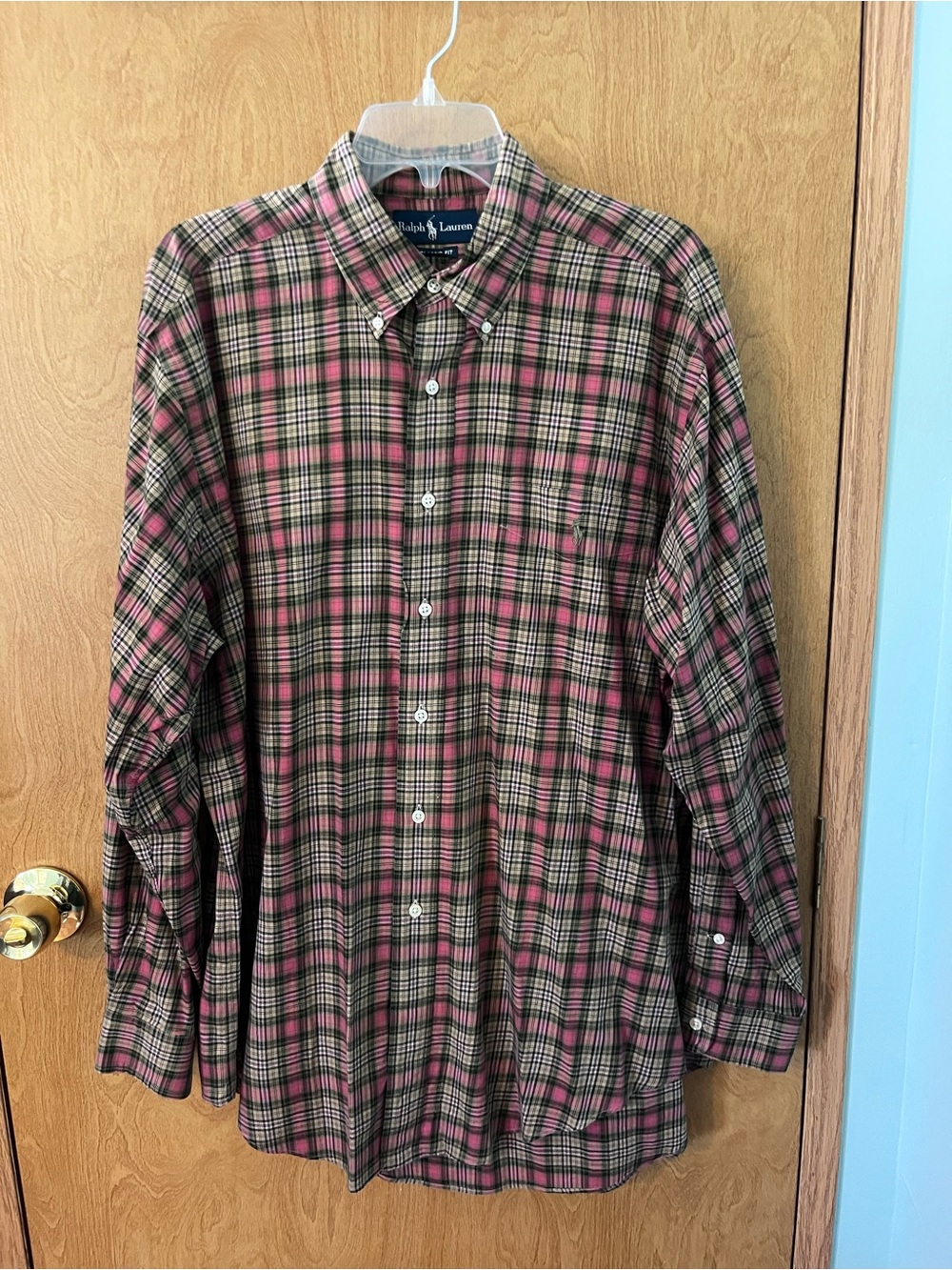 Ralph Lauren Men’s Classic Fit Pink, Green & Tan Plaid Button Shirt Size Large